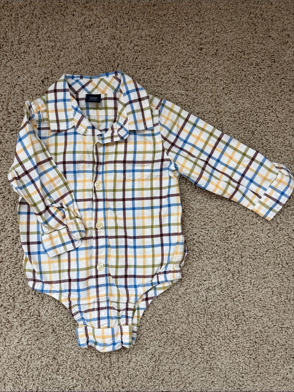 GAP Plaid Collared One-Piece Shirt Bodysuit - Blue/Yellow/Brown